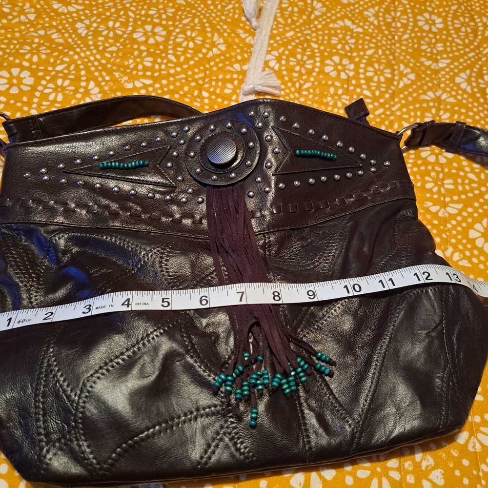 💯% Genuine Leather Black 👜 NWOT Women's Bag w/Turquise tassels  Zipper closure